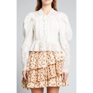 Ulla Johnson Mina Ivory Eyelet Peplum Long Sleeve Blouse US Size4💛